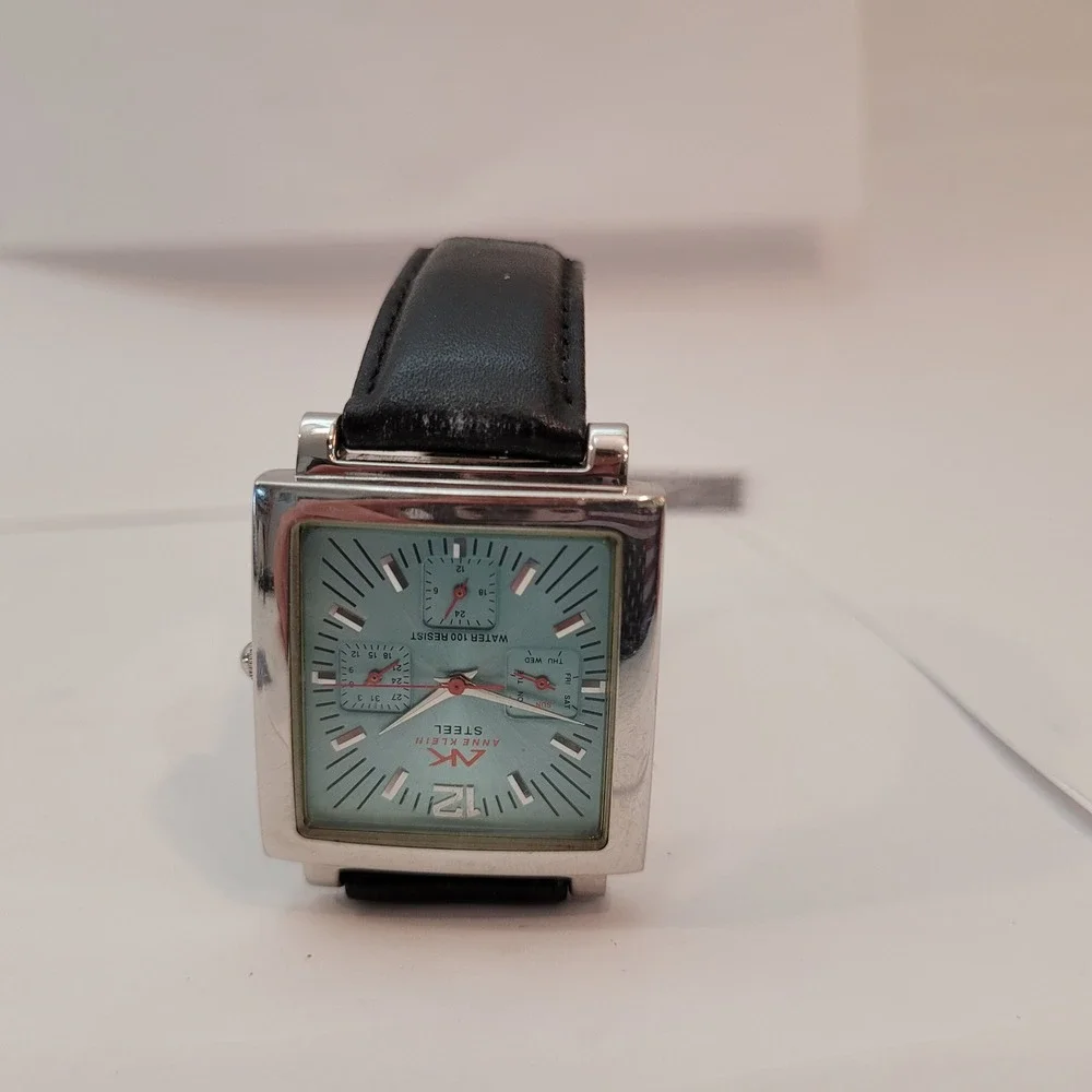Anne Klein Watch Womens 10/5343 Blue Dial Square Stainless Steel Leather Vintage